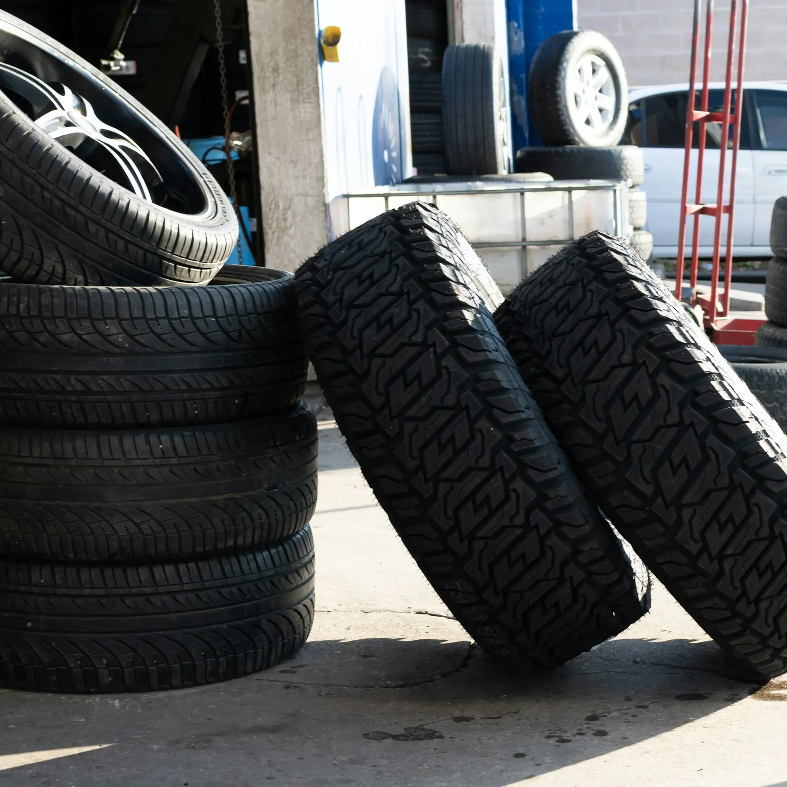 Stacks of tires at a tire shop